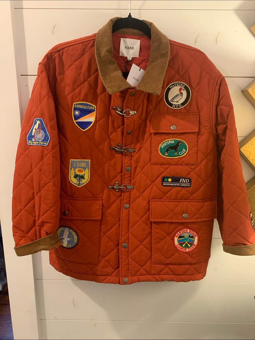 FOUND Quilted Patchwork Puffer Jacket in Rusty Red with Corduroy Collar